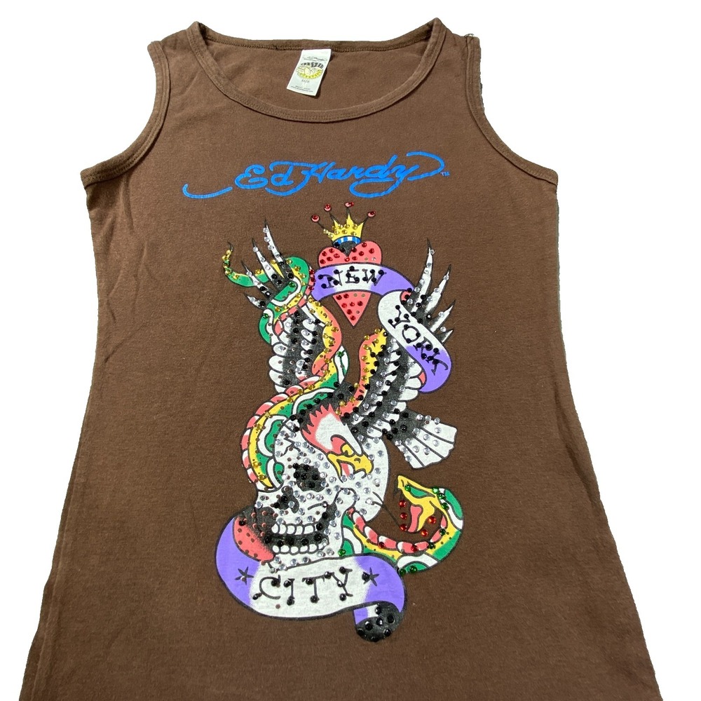 Ed Hardy Tank Top Medium Brown Rhinestone Skull Eaglen Tattoo Edgy Graphic Y2K